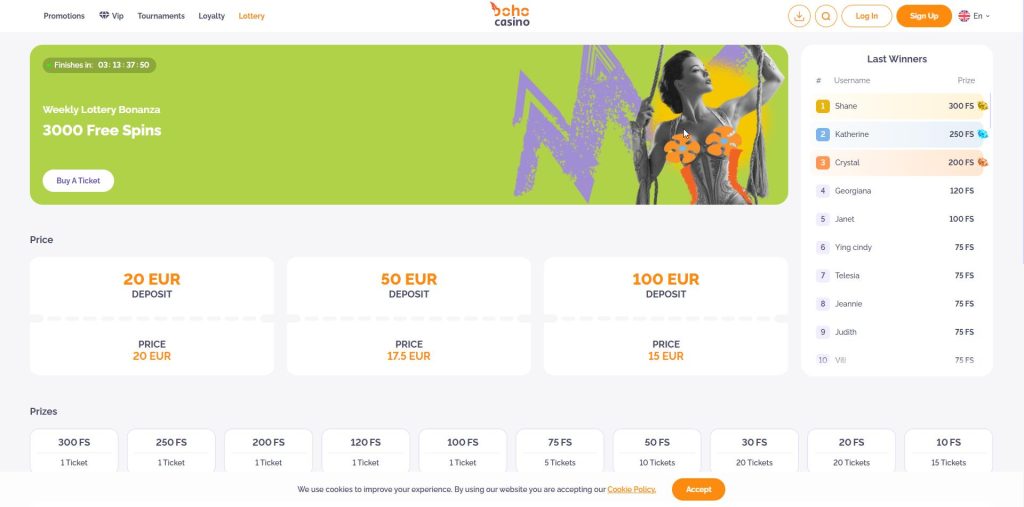 Boho Casino terms showing the promo code FMIL30
